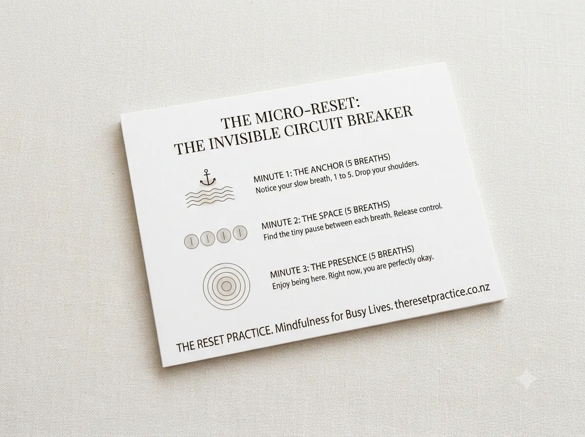 A printed Micro-Reset card resting on a wooden desk